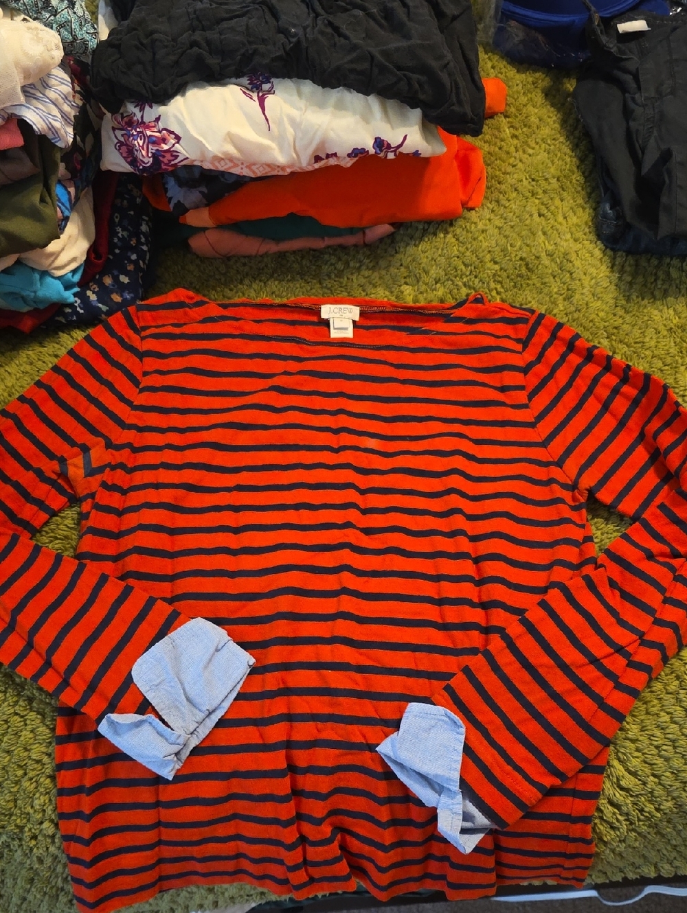 J. Crew Red and Navy Striped Long-Sleeve Tee with Contrast Cuffs